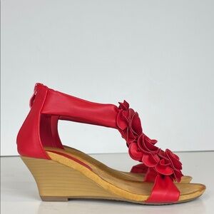 Patrizia Harlequin Red T Strap Wedge Sandal‎ SZ 37 or 6.5-7